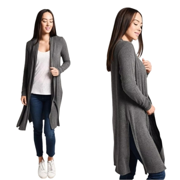 Beyond Yoga Heather Gray Long Duster Cardigan Sz XS Side Slit Athleisure Soft - Picture 12 of 12